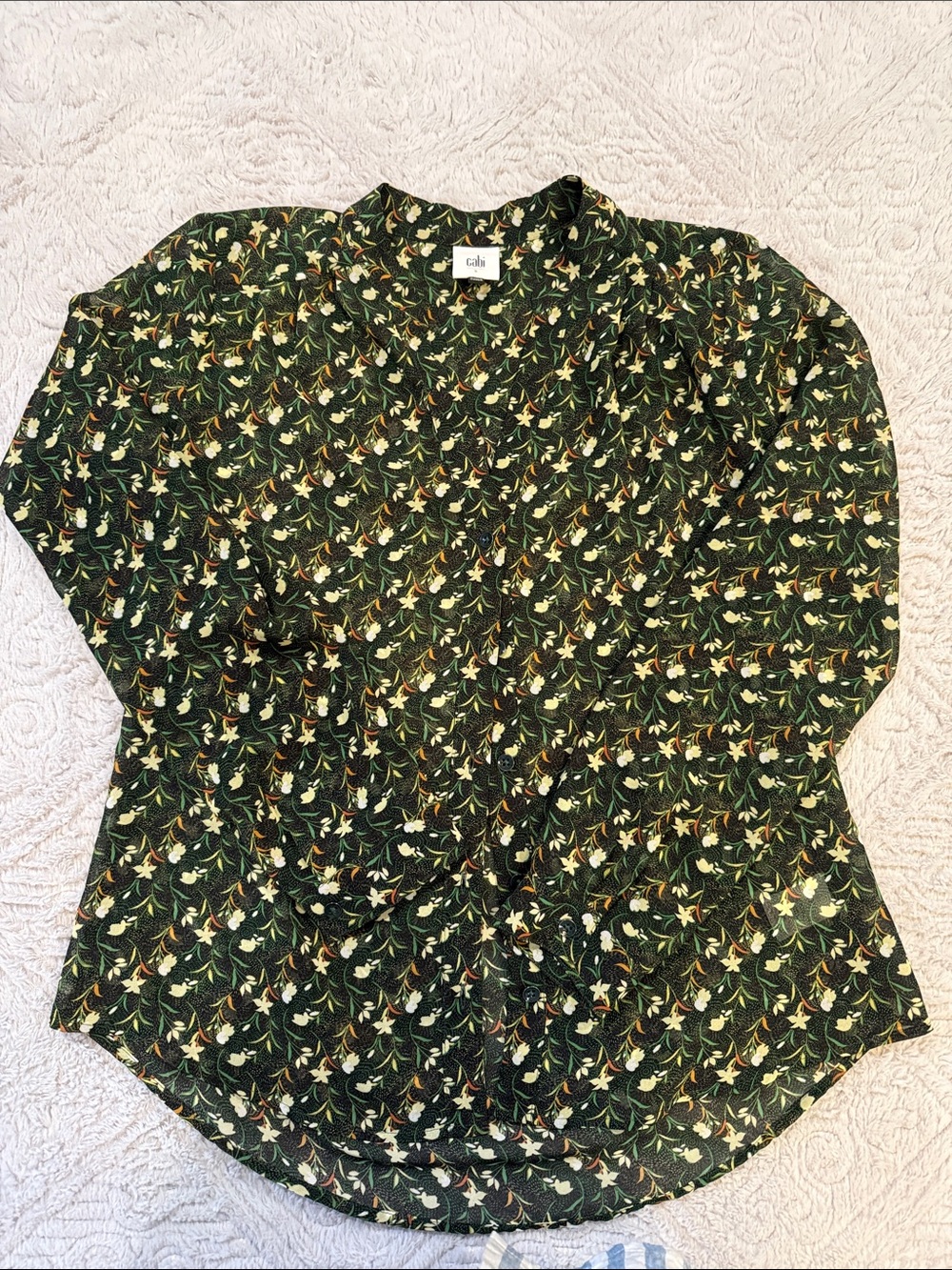 CAbi Dark Green Floral Button-Down Blouse
